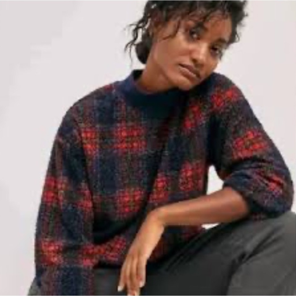Anthropologie Porridge Plaid Sherpa Fleece Pullover‎ Sweater xs